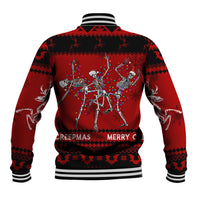 Unisex baseball jacket in red and black with back skull-and-antlers graphic, striped hem