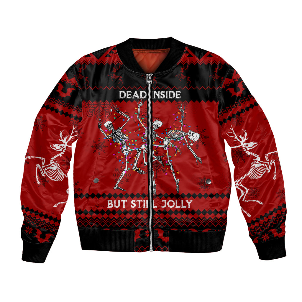 Unisex black and red bomber jacket with zipper, skull skeleton graphic and holiday text