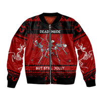 Unisex black and red bomber jacket with zipper, skull skeleton graphic and holiday text