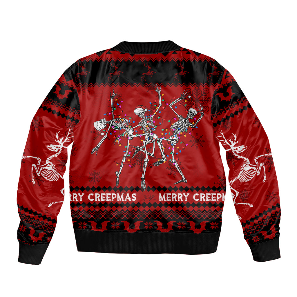 Unisex black and red bomber jacket with back skeleton group print and holiday lettering