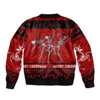 Unisex black and red bomber jacket with back skeleton group print and holiday lettering