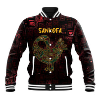 Red and black baseball jacket with striped rib collar, snap front, Sankofa bird graphic