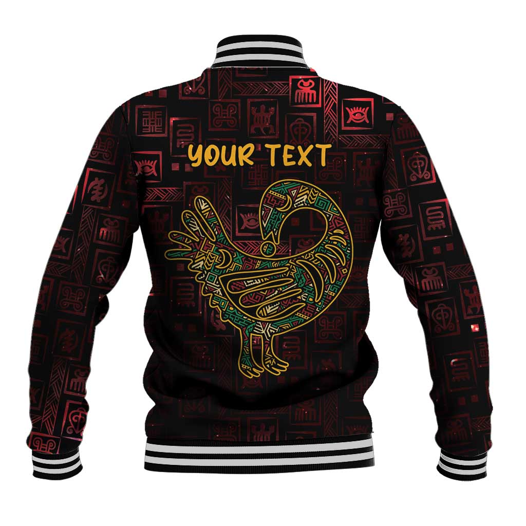 Red and black baseball jacket back with striped rib collar and large Sankofa bird print