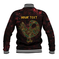 Red and black baseball jacket back with striped rib collar and large Sankofa bird print