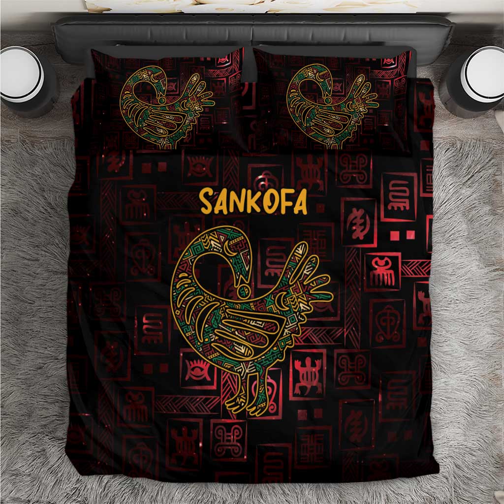 Sankofa bird bedding set with 'SANKOFA' text and colorful Adinkra patterns on dark red-black