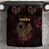 Sankofa bird bedding set with 'SANKOFA' text and colorful Adinkra patterns on dark red-black