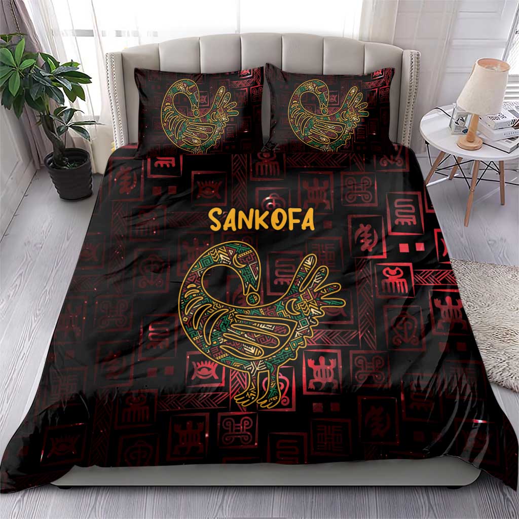 Sankofa bird bedding set with 'SANKOFA' lettering, two matching pillow shams, dark red-black print