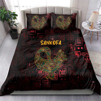 Sankofa bird bedding set with 'SANKOFA' lettering, two matching pillow shams, dark red-black print