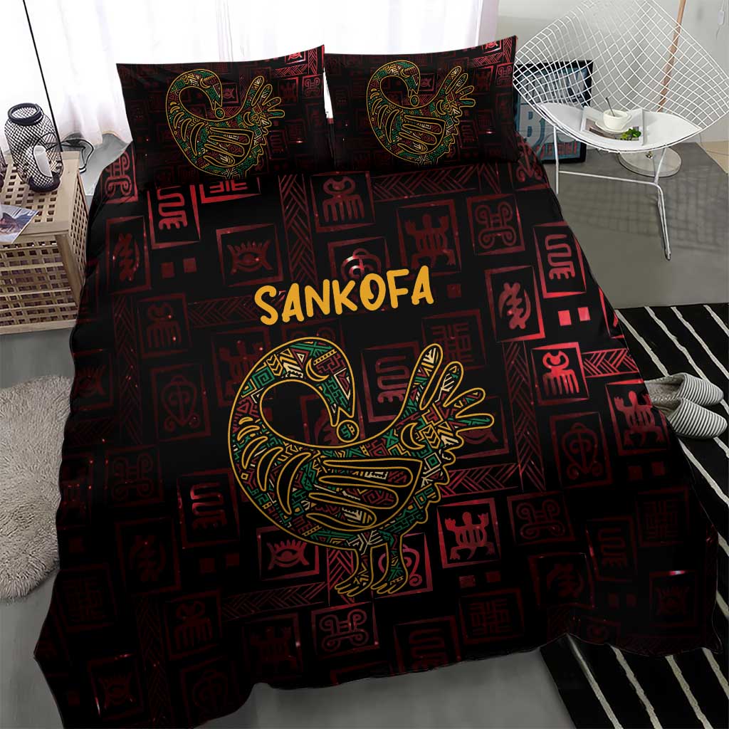 Sankofa bird bedding set featuring central bird emblem, Adinkra-style icons, dark red-black