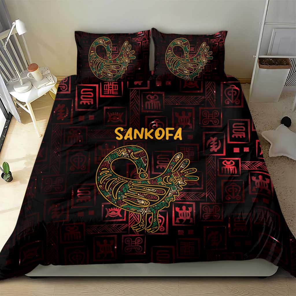 Sankofa bird bedding set with two pillow shams and 'SANKOFA' title over geometric Adinkra print