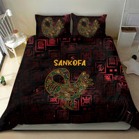 Sankofa bird bedding set with two pillow shams and 'SANKOFA' title over geometric Adinkra print