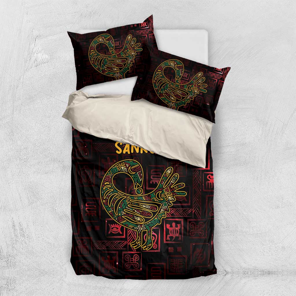 Sankofa bird bedding set flat-lay: duvet and two pillow shams with 'SANKOFA' and bird motif