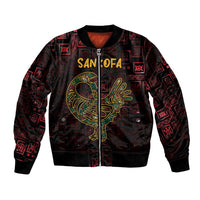 Unisex bomber jacket with zip front, Sankofa bird graphic and Adinkra symbol pattern
