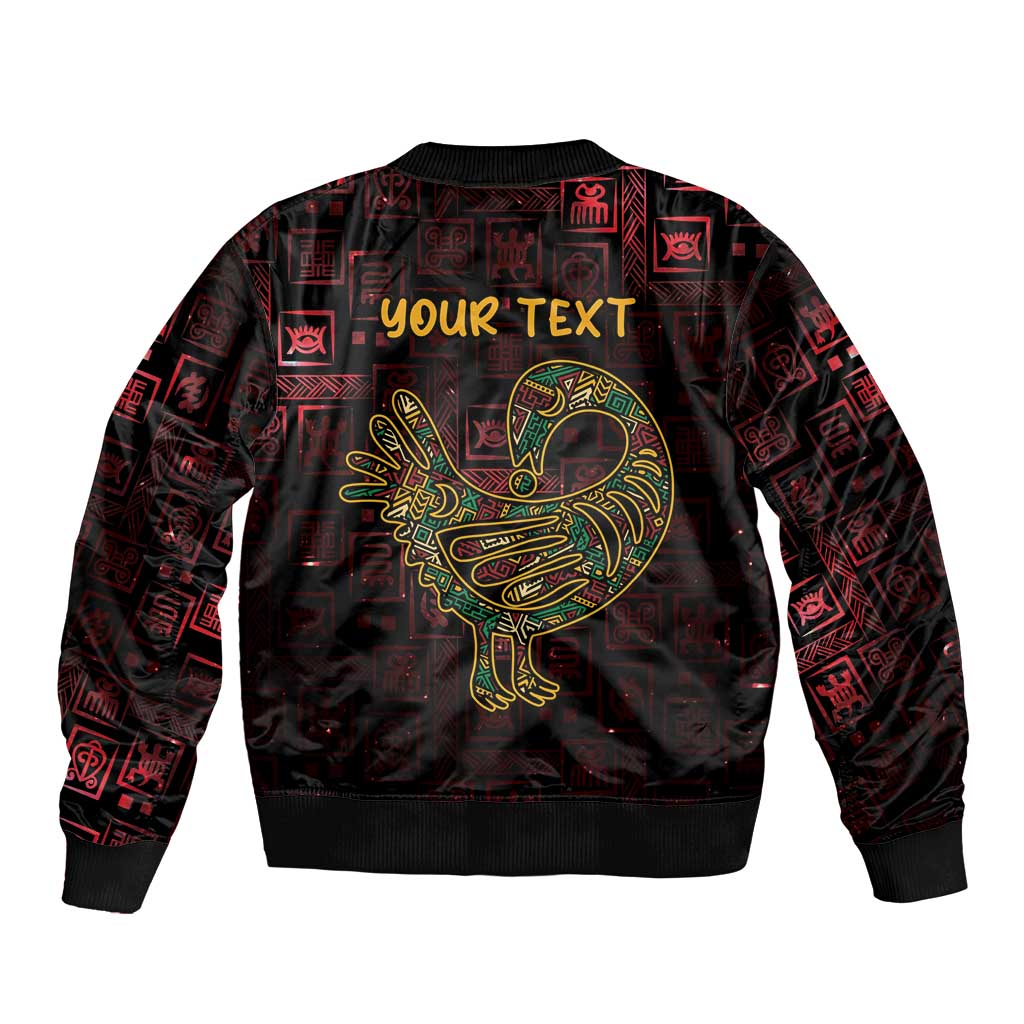 Unisex bomber jacket with zip front, Sankofa bird and YOUR TEXT Adinkra pattern