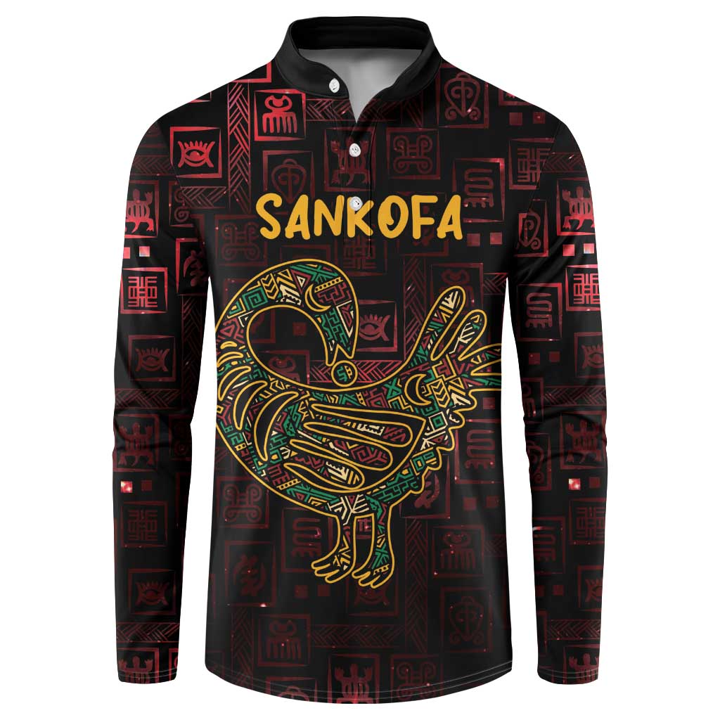 Men's sweatshirt with polo collar, button placket; SANKOFA text and bird graphic
