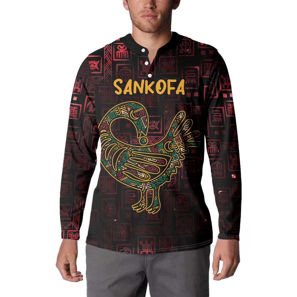 Men's sweatshirt polo collar, button placket; SANKOFA text and colorful bird graphic