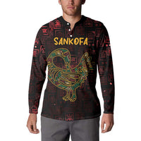 Men's sweatshirt polo collar, button placket; SANKOFA text and colorful bird graphic