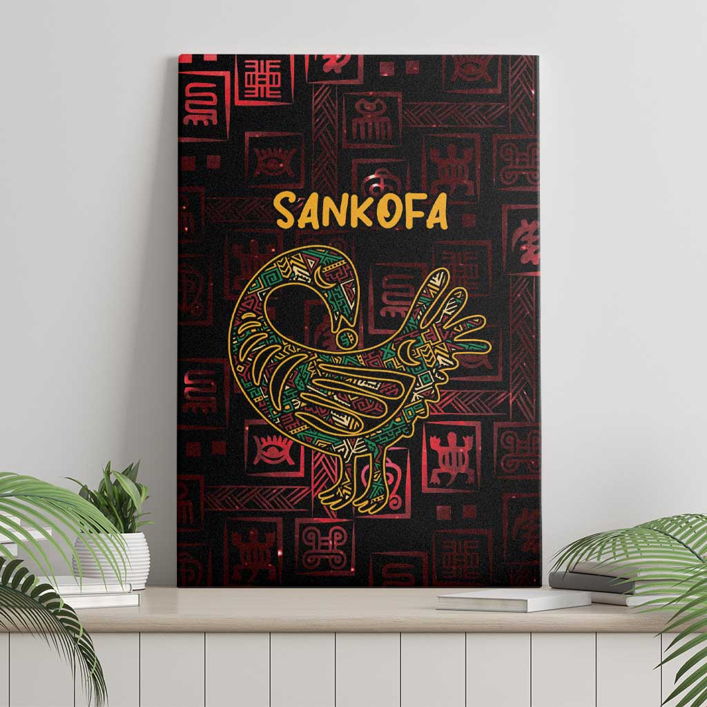 Canvas wall art with Sankofa bird symbol, dark red geometric pattern and gold-green details
