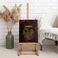 Canvas wall art featuring the Sankofa bird symbol in gold-green on dark red pattern