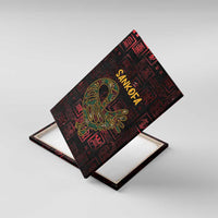 Angled canvas wall art with Sankofa bird symbol on dark red patterned background