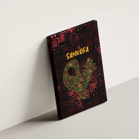 Canvas wall art with Sankofa bird symbol on dark red geometric pattern, side perspective