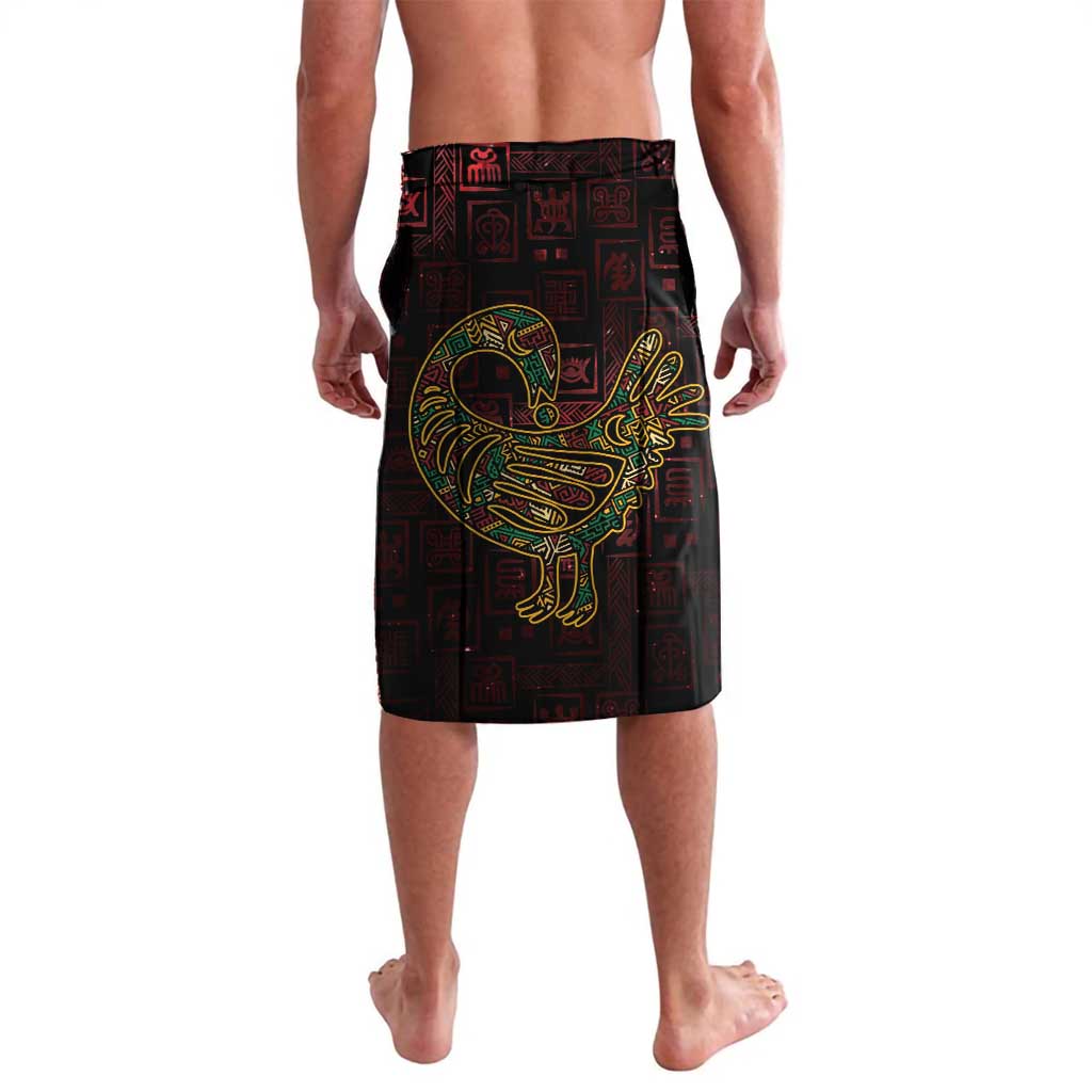 Lavalava sarong skirt with large green Sankofa bird graphic on red-and-black geometric