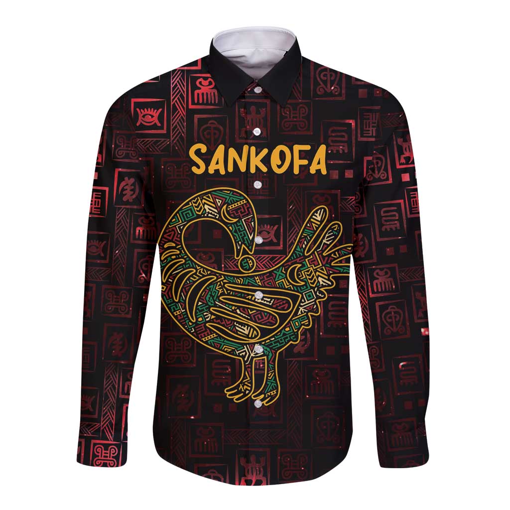 Long sleeve button shirt with black red Adinkra pattern and large Sankofa bird graphic
