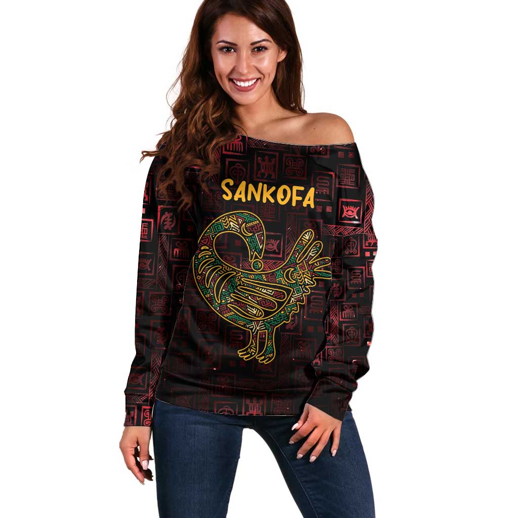 Africa Adinkra Symbol Off Shoulder Sweater Sankofa Bird - Cosmic Red