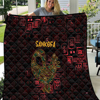 Red and black Sankofa bird symbol quilt with geometric Adinkra pattern, diamond stitching