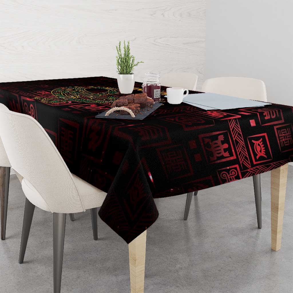Square Adinkra tablecloth with black base, red geometric marks, and gold Sankofa bird