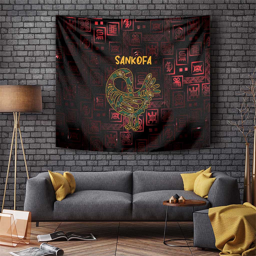 Red and black Africa Adinkra tapestry with Sankofa bird and repeating symbol pattern