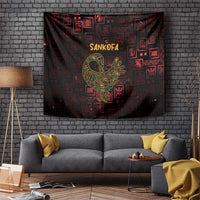 Red and black Africa Adinkra tapestry with Sankofa bird and repeating symbol pattern