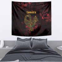 Large hanging tapestry in red and black with Sankofa bird centerpiece and Adinkra icons