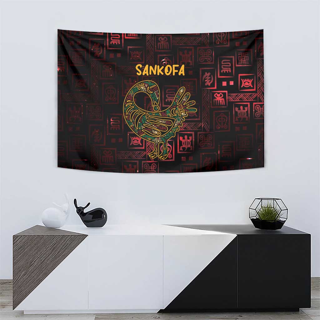 Rectangular tapestry showing Sankofa bird in gold on dark red with Adinkra-style symbols