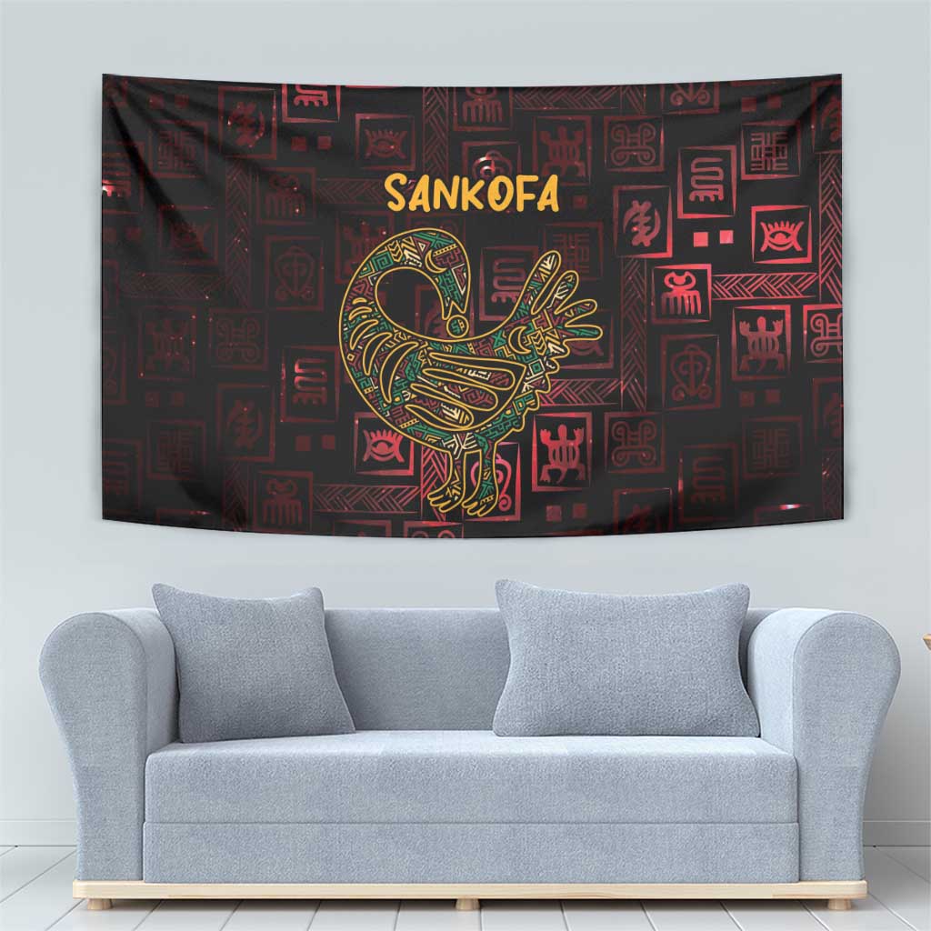 Red and black tapestry featuring Sankofa bird artwork amid repeating Adinkra icon blocks
