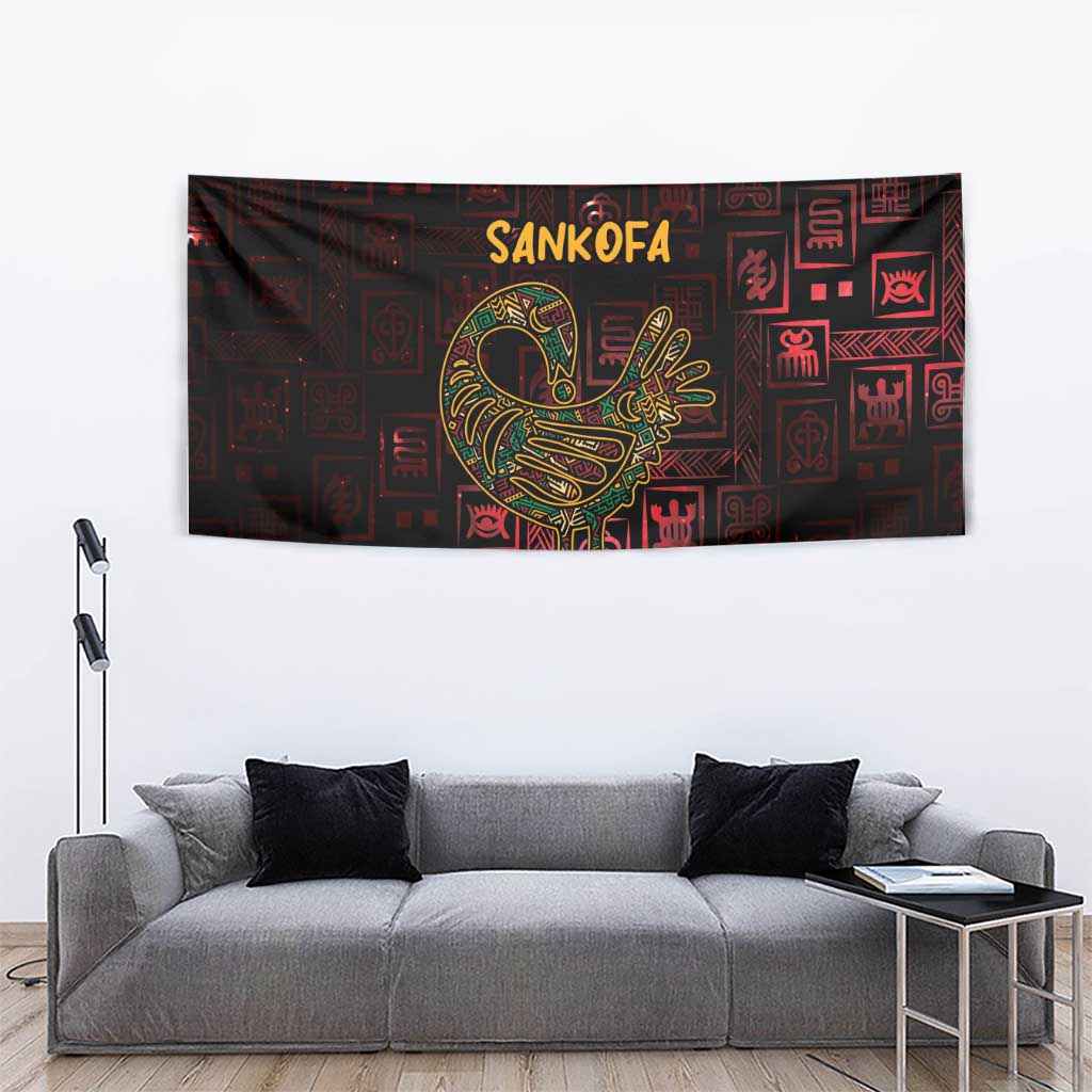 Sankofa bird tapestry with gold figure and dark red Adinkra symbols on black background