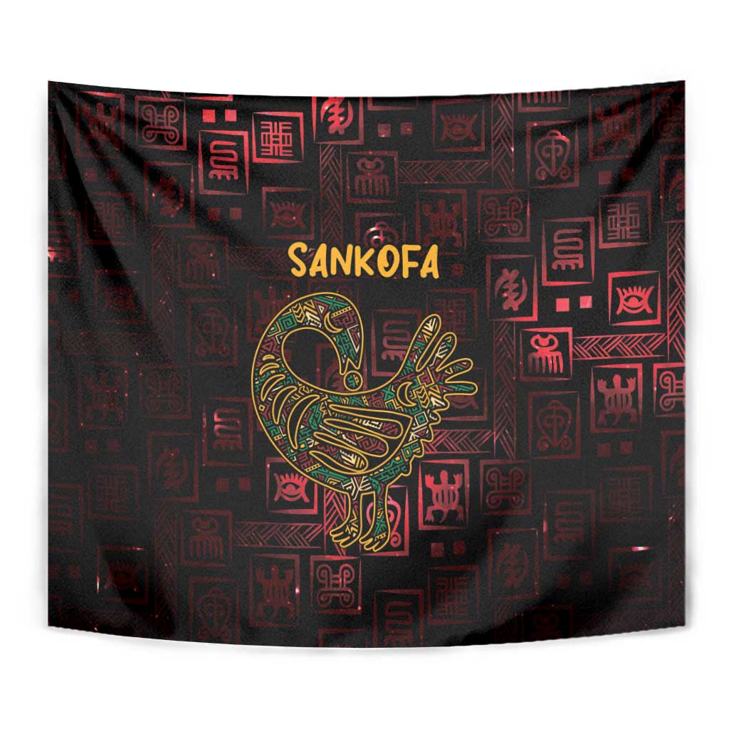 Close view tapestry: Sankofa bird in gold on dark red with patterned Adinkra symbols