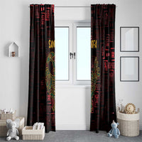 Pair of window curtains in dark red and black with golden Sankofa bird and grid symbols