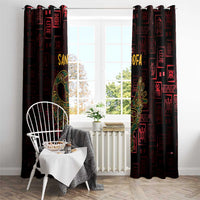 Window curtain panels in dark red and black with golden Sankofa bird and geometric motifs