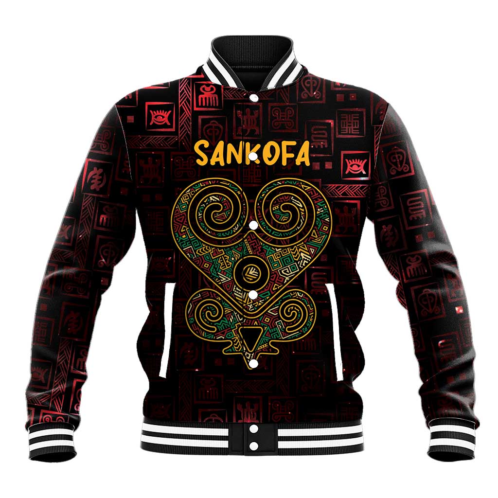 Unisex baseball jacket with red-and-gold Sankofa heart graphic, ribbed striped collar