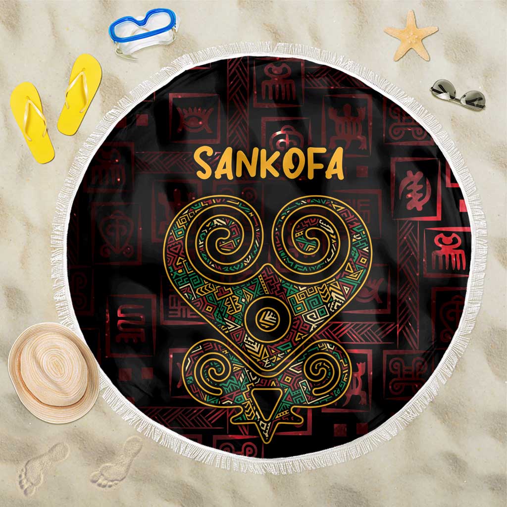 Round beach blanket with fringed edge, black-red Sankofa heart Adinkra print