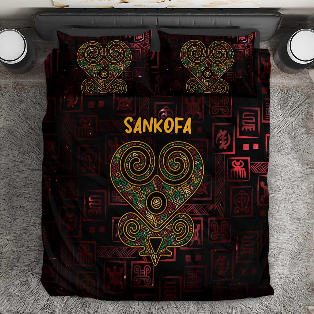 Red and black Sankofa heart bedding set with matching pillowcases, abstract symbols pattern