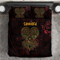 Red and black Sankofa heart bedding set with matching pillowcases, abstract symbols pattern