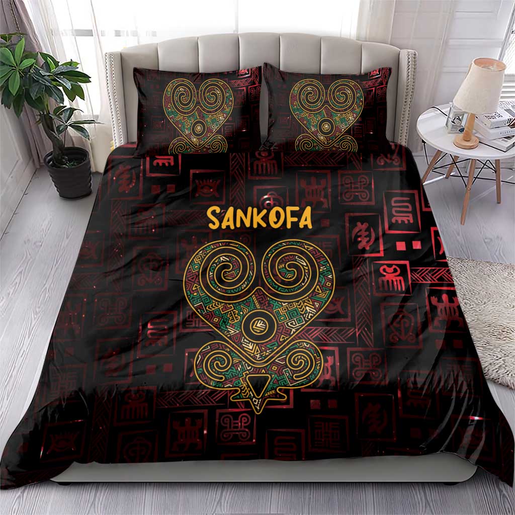 Red and black duvet cover bedding set with Sankofa heart center and two decorative pillowcases