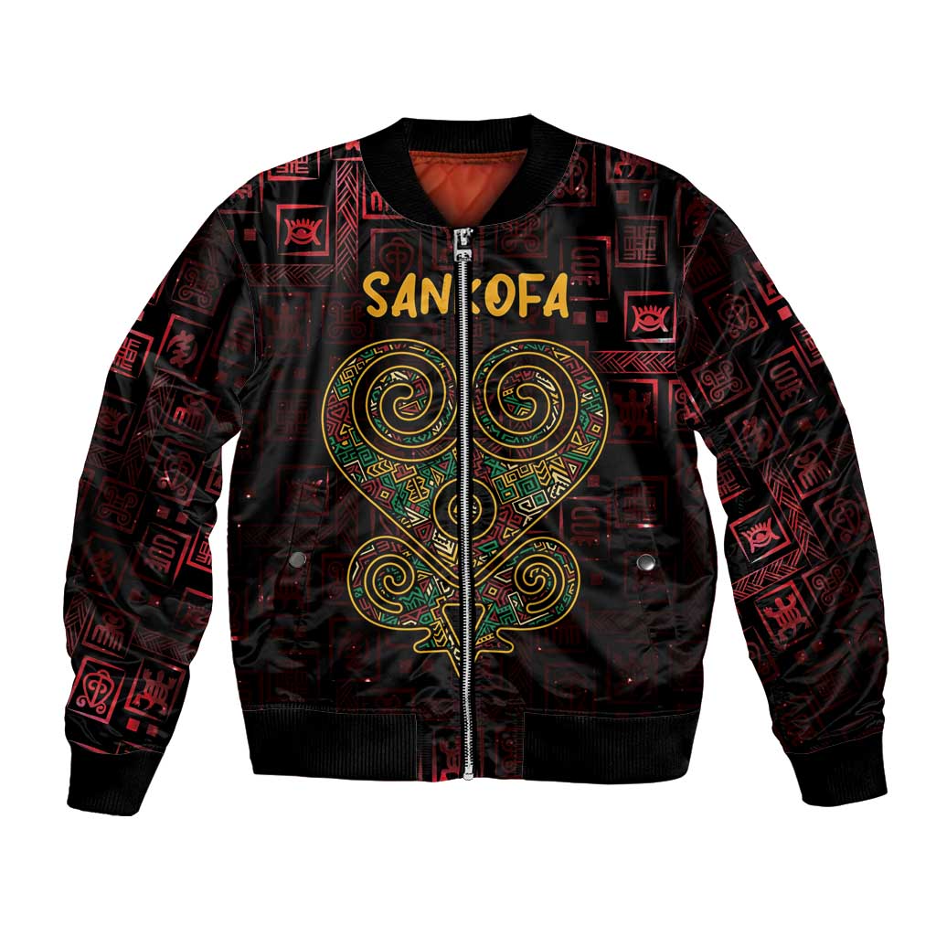 Unisex bomber jacket with zip front, dark red/black, Sankofa heart graphic
