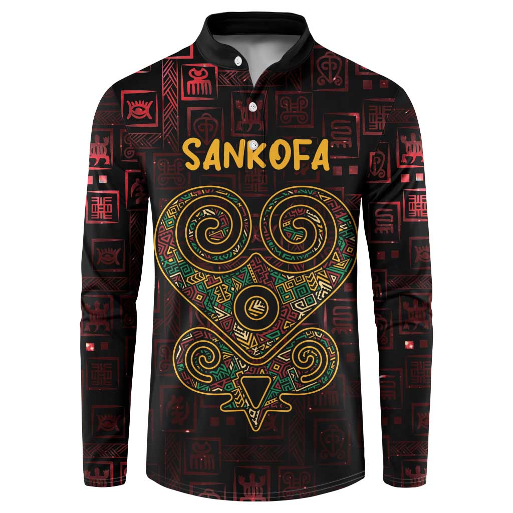 Men's button-up sweatshirt with Sankofa heart graphic, red/black, long sleeves