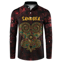 Men's button-up sweatshirt with Sankofa heart graphic, red/black, long sleeves