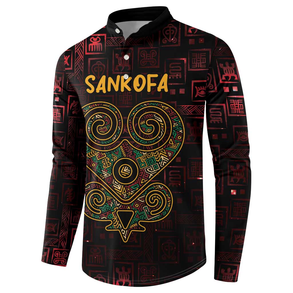 Men's button-up sweatshirt with Sankofa heart graphic and red pattern blocks, long sleeves
