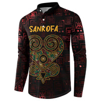 Men's button-up sweatshirt with Sankofa heart graphic and red pattern blocks, long sleeves