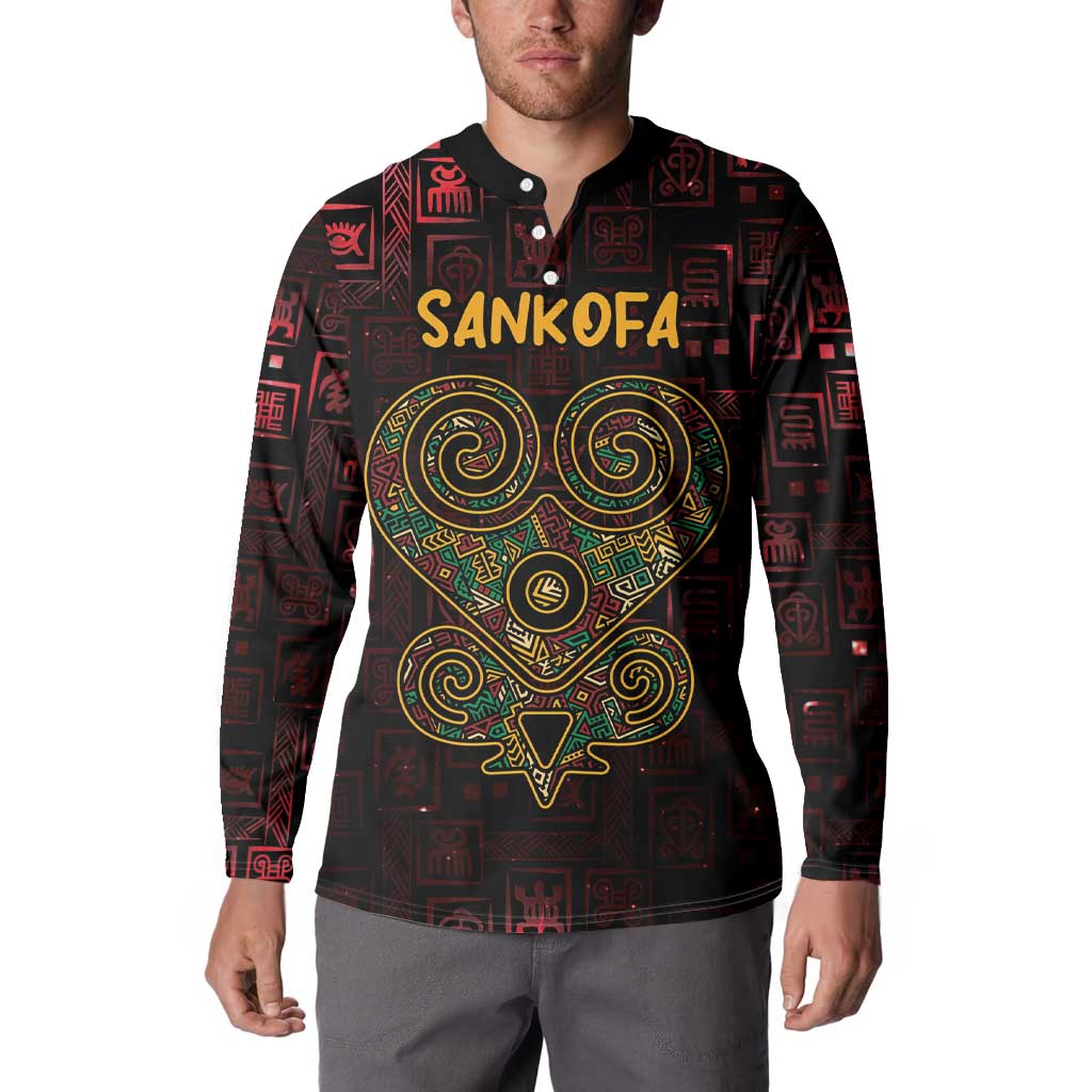 Men's button-up sweatshirt, Sankofa text and heart graphic on red/black, long sleeves